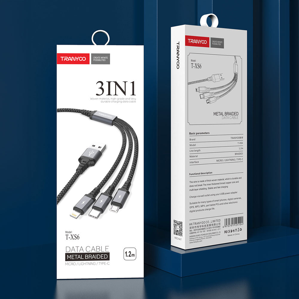 [T-XS6] 3 in 1 Data Cable 1.2m (Lightning / Type-C / Micro)