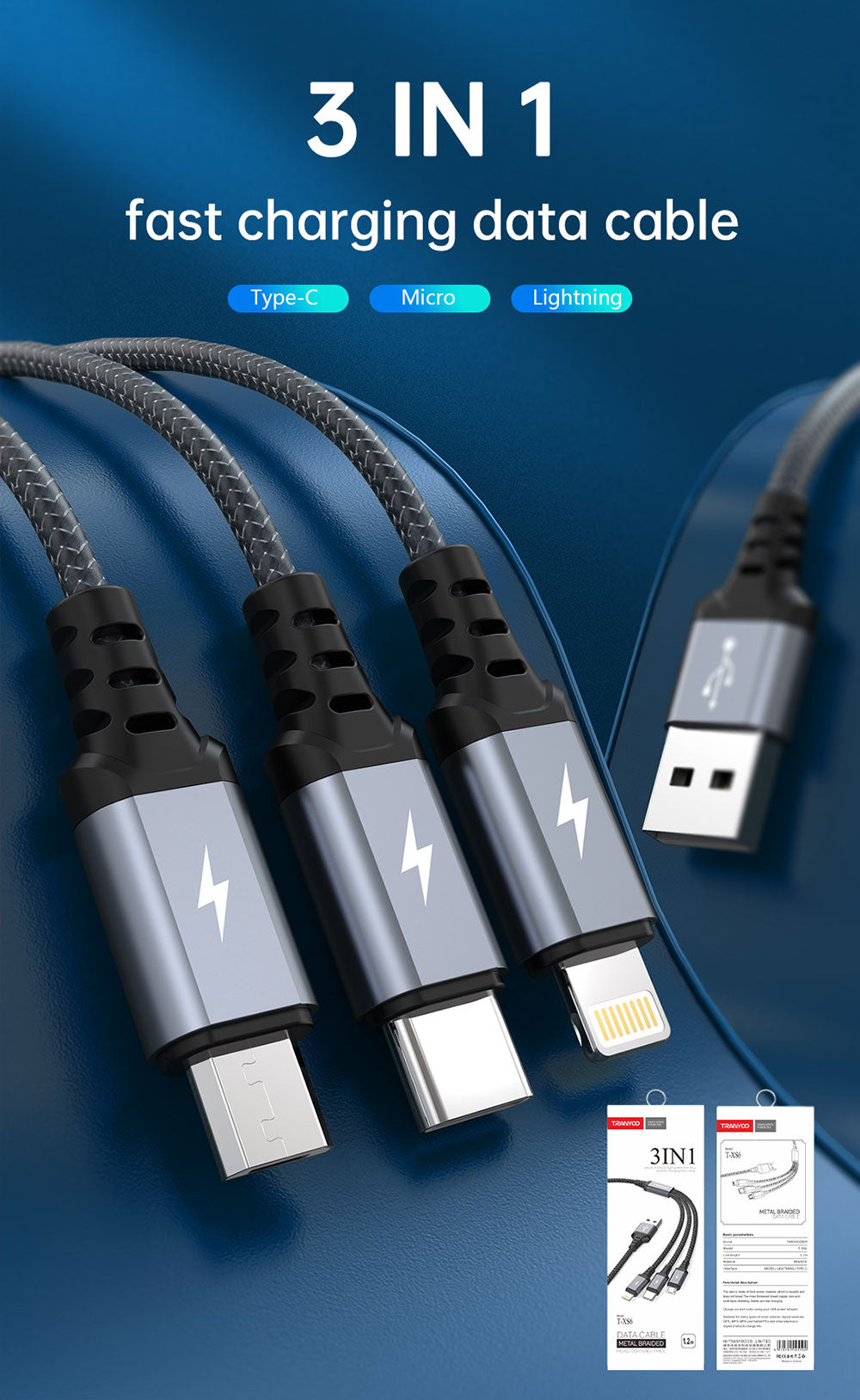 [T-XS6] 3 in 1 Data Cable 1.2m (Lightning / Type-C / Micro)